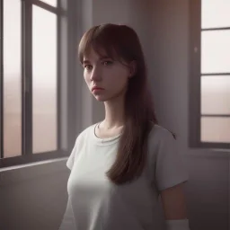 Study girl in university by the window ,movie, real photo realistic, unreal engine, cinematic lighting --ar 1:1 creative