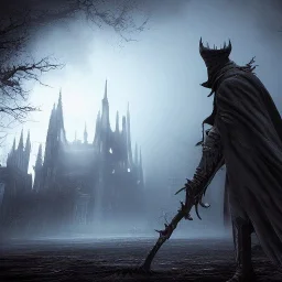 hyper realistic Bloodborne cityscape with dark beast looming in the fog