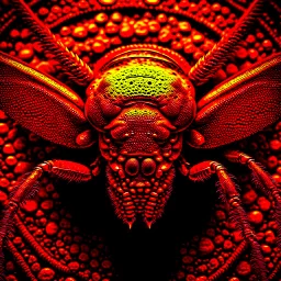 A national geographic award skin color patterned like a poisinous incect or reptile, horrorcore, science gone crazy, winning photograph of of a bat spider housefly hybrid in nature and on the hunt, 64k, reds, oranges, and yellows anatomically correct, 3d, organic surrealism, dystopian, photorealisitc, realtime, symmetrical, clean, 4 small compound eyes around two larger compound eyes, surrealism telephoto dynamic lighting 64 megapixels Unreal Engine volumetric lighting VRay