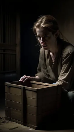 The picture paints a moment of despair and helplessness, as Emma desperately tries to return from where she came from, but the Cursed box appears in front of her as an inescapable sign. Emma is shown trying to open the box again, but failure pursues her. The picture conveys a feeling of isolation and hopelessness, where the box is the jailer who holds Emma in this dark world, which mercilessly announces her bitter fate. Despair is manifested in her eyes and the failure of her attempts, which giv