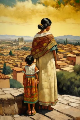 2 mexican woman painting neoclassism standing from the back whole body zoom out looking at a traditional mexican city with child