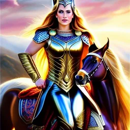 ultra detailed fullbody Portrait in oil on canvas of beautiful busty Sif wife of thor Riding a Horse ,wearing skintight suit,extremely detailed digital painting, intrincate, intense stare, extremely detailed face,crystal clear Big Glowing eyes, mystical colors ,perfectly centered image, perfect composition, rim light, beautiful lighting, 8k, stunning scene, raytracing, anatomically correct, in the style of robert e howard and Ken Kelley and Ohrai Noriyoshi and Simon Bisley and tomzj1