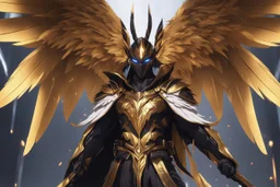 Ra in 8k solo leveling shadow artstyle, golden them, neon effect, big white wings, feathers, full body, apocalypse, intricate details, highly detailed, high details, detailed portrait, masterpiece,ultra detailed, ultra quality