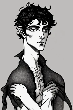 Black haired blue eyed freckled young male satyr alchemist in the style of aubrey beardsley