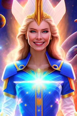 cosmic woman smile, admiral from the future, one fine whole face, crystalline skin, expressive blue eyes,rainbow, smiling lips, very nice smile, costume pleiadian, Beautiful tall woman pleiadian Galactic commander, ship, perfect datailed golden galactic suit, high rank, long blond hair, hand whit five perfect detailed finger, amazing big blue eyes, smilling mouth, high drfinition lips, cosmic happiness, bright colors, blue, pink, gold, jewels, realist,