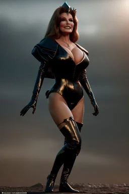 Raquel Welch as evil queen in black leather gown, angry, busty, curvey, cleavage, unreal 5, octane render, cinema4d, dynamic lighting, dramatic lighting, 4k, redshift render, highly detailed, hyper realistic