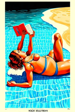 beautiful girl in a bikini and t-shirt laying on her stomach while a beach towel while reading a book, silkscreen poster by artist Rockin' Jellybean