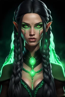 Hexblood warlock female. Lightly tanned skin. Long, thick, silky jet-black hair reaching her waist, with a center part and two loose Dutch braids starting at her temples, flowing into the rest of her straight hair. A few soft strands frame her face. Bright glowing pale emerald-green eyes. Delicate facial features, full lips, high cheekbones and a soft mischievous smile. Subtle dark vine-like markings across her neck and collarbone.