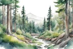 watercolor, lineart, landscape, many colors, detailed, colorize, white background, dense forest, surrounded by green cypress trees. Infuse the scene with sunlight, conveying a cozy and tranquil atmosphere. a white background 9:11