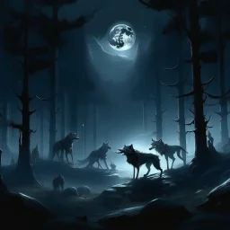 a moonlit clearing in the heart of a dark forest, where a pack of werewolves stand to perform a sacred ritual under the watchful gaze of the full moon, their howls echoing through the night.