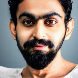 Rishi, thirty years age, male, dark brown eyes, beards, moustaches, darkest brown mid length curly hair, heavy face, real human face, ultra high resolution