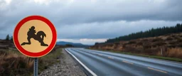 roadside sign warning about dangerous artwork resembling a road in the road