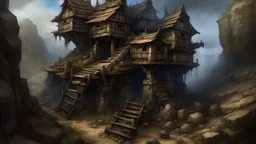 A hobbled together goblin fortress, abandoned, falling apart, fortifies, wooden walls, decrepit structures, rocky terrain, realistic, medieval, painterly
