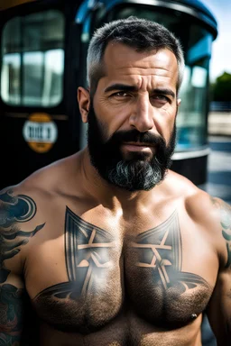 half figure photography of a 44 year old stocky burly arab , shirtless, bulging shorts,at a bus stop, hands on the fap, big shoulders, hairy chest, tattoo, very virile, short beard, short hair, side light, in a sunny street, photorealistic