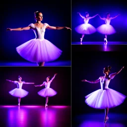create storyboard of 9 images of dance of a beautiful balerina in pretty clothing in a modern cifi stage in her performance cinamatic lights .