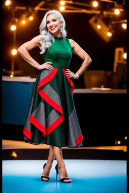 full body of very beautiful ukrain lady wearing green_black pretty midi flared dress ,white gray hair ,standing idle happy pose in studio