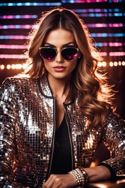 Real photography beautiful woman super model European on fashion style dressing luxury jacket diamonds patterns,sunglasses,turn on music DJ player in disco club