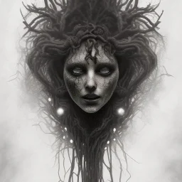 magnificient black medusa, spray paint, chalk, grey background forest, magic light fountain