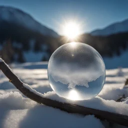 Frozen bubble in front of a snowy mountain landscape, the bubble has wonderful icecrystals and the sun is shining, frozen, cold outside, beautiful small ice flowers in front of the bubble