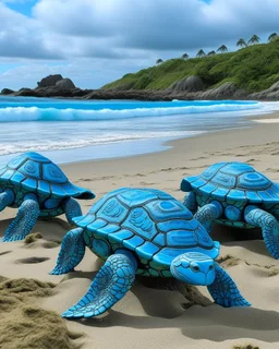 A blue beach with sea turtles designed in Maori sculptures painted by Utagawa Hiroshige