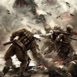 A battle seen that all soldier are dead except a samurai that loses on of his hand , high details high quality , full body on picture dead army in background, smook everywhere cinematic effect,art by Greg rutkowaski