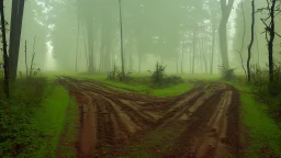 abandoned dirt road through a forest