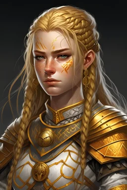 Dungeons and dragons female aasimar with golden freckles, golden eyes, golden hair, braids, and chainmail armor.