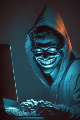 or how about: hacker in the dark with glasses using computer with evil smile