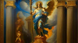 A detailed oil painting with intricate brush strokes and vibrant colors, Tale of the powerful angel. St. John receives the rod and measures the temple, a heavenly scene filled with divine light and celestial beings,