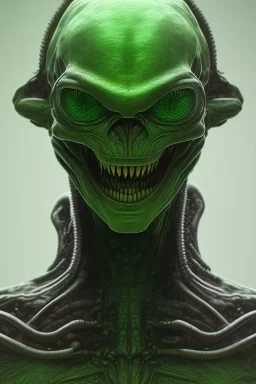 green alien, head, evil, red eyes, big silver teeth, weapons, blood, 8k, finely detailed, photo realistic, HR Giger style