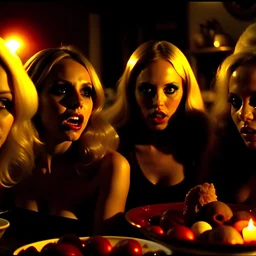 Horror movie shot, hot, ultra realistic, dine, horns, ultra chaos, realistic hot blonde women, party, pieces of meat, organs, hot dynamic, very excited people, hypermaximalist figures, light, 1970's Italian horror movie, sinister,, Dario Argento, Stanley Kubrik, ornate, 4k, photorealism