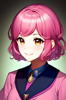 masterpiece, best quality, expressive eyes, face focus, 1woman, portrait, pink clothing, modern clothing, cute, smile, pink hair, short bob, curly bob, brown eyes, college uniform