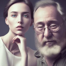 a young woman sitting next to a 50-year-old man with a beard and short hair, portrait, 8K, close-up face, anatomically perfect face, Highly detailed stunning full frame portrait, misty and cloudy atmosphere