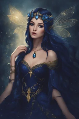 Midnight blue,Dark blue hair,night,dark fairy princess ,elven crown,elven ears,sparkle,glitter,gold armor,dragonflies,rapunzel hair,water lilies