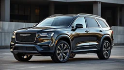 "Imagine a Chrysler 300C 2024 reimagined as a luxury SUV. It features a bold front grille, elevated stance, wide fender flares, and large chrome-trimmed wheels. The design blends elegance with rugged SUV elements, including full LED headlights, a panoramic glass roof, and chrome accents. The SUV is a deep metallic black with subtle gold detailing, set against a modern urban backdrop."