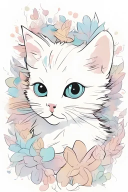 A playful kitten, adorned in a dainty floral dress, surrounded by a sea of pastel colors on a blank white canvas, with bold black lines and precise outlines.