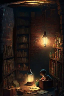 A dark, dingy brick dungeon, with a small shelf hanging on the back wall, containing vintage bottles of various sizes, and a lantern sitting on the floor, casting light on a pile of books with a young child studying