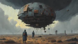 science fiction painting, Denis Sarazhin, Alejandro Burdisio, Alex Colville, Simon Stalenhag, dark ominous sky