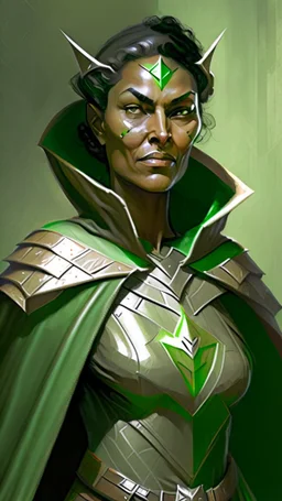 A tall human woman with tanned skin. Her face, marked by the years, always has a smirk on it, showing her superiority in the eyes of the others. She is dressed in grey armor and wears a half-green cape.