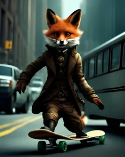 Steampunk, cyberpunk, vaporpunk, punk, a fox with a mohawk on a skateboard in a rush to catch therefore the bus drives away, sharp focus, best quality, in the highest possible resolution, trending on DeviantArt