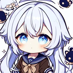 Clear focus, High resolution, long white hair, hair between eyes, straight long locks, sparkling blue eyes, wearing a sailor uniform, wearing a sailor skirt, wearing a brown vest, cute, 1girl, fluffy hair, cute, chibi, cartoon, rough line art, white background