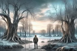 ice, winter, dry trees, person, pond, sci-fi, epic