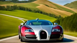 A (((UFO Bugatti Veyron))) with its sleek,, featuring a bold, menacing grille and powerful lines, evoking a harmonious balance between sophistication and muscle, against a backdrop of verdant hills at noon, ideal for a dynamic desktop wallpaper