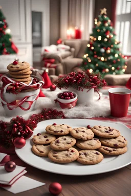 An image of a plate of cookies with a note that says "for Santa," and a bucket of raisins and cranberries with a note that says "for the REINDEER," in a living room, decorated with christmas decorations and a tree, 3D