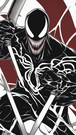 A close picture of Venom symbiote like ghost of Sparta red tattoos and Clothes, holding blade of choice