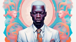 albino man with tattoo in the style of afrofuturism, wealthy portraiture, colorful, kimoicore, harlem renaissance, atmospheric, vibrant color washes