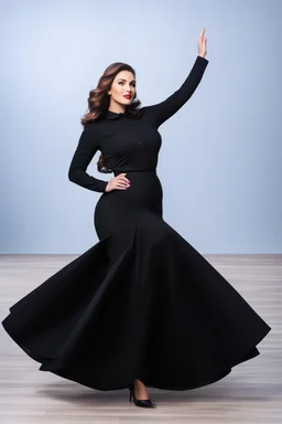 full body of very beautiful lady midi skirt and blouse , curvy hair ,standing idle happy pose in studio pretty makeup