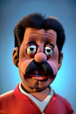 Waist up muppet Portrait, Nicolas maduro us muppet doll, Venezuelan president, tracksuit red blue and yellow, mustache, photo studio, red background, unreal engine 5, concept art, art station, ray tracing, lumen lighting, ultra detail, volumetric lighting, 3d.