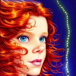 Robyn Lively, her striking perfectly detailed clear eyes, her perfect, precisely detailed lightly freckled face, meticulously detailed long curly multi-hued ginger carrot cherry fire red hair, luminous colorful sparkles; by james r. eads, gawki, rajewel, tania rivilis, dan mumford, lisa frank, artgerm, greg rutkowski, alphonse mucha and william-adolphe bouguereau; glitter, airbrush, octane render, volumetric lighting, 16k, photorealistic digital painting, artstation, smooth, sharp focus