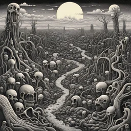 surreal morbid chaotic landscape, horror surrealism, creepy, artistic, by Basil Wolverton, by Steven Harrington.